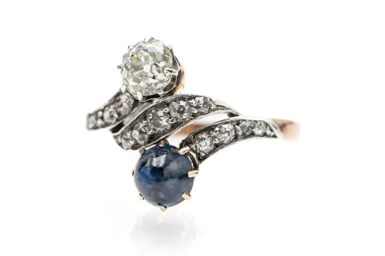 Bague Bague Toi et Moi - Diamants et saphir cabochon en or jaune 14 carats 58 Facettes 10814
