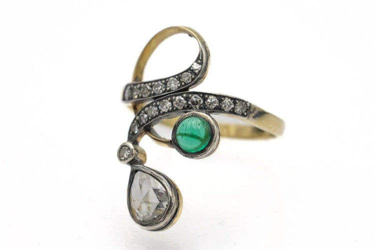 Bague 51 Bague Art nouveau en or jaune 14 carats, émeraude et diamants 58 Facettes 10815
