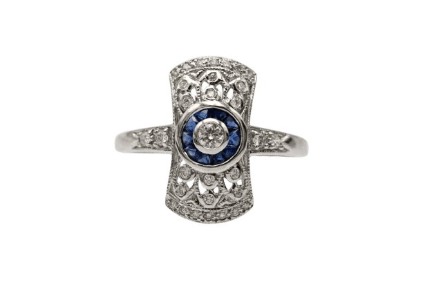Bague 55 Bague Art déco en or blanc 14 carats avec diamants et saphirs 58 Facettes 10688