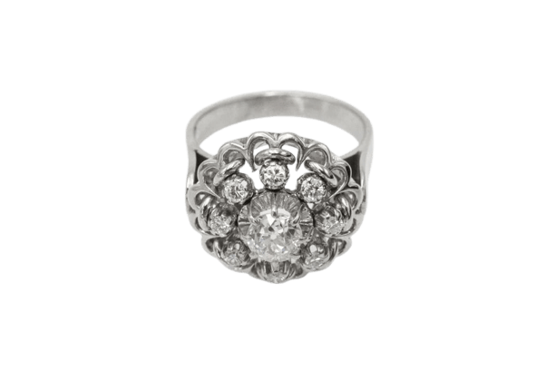 Bague 51 Bague fleur en or blanc, platine et diamants 58 Facettes 11256