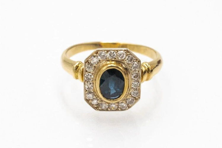 Bague 59 Bague géométrique en or jaune 18 carats avec saphir et diamants 58 Facettes 11260