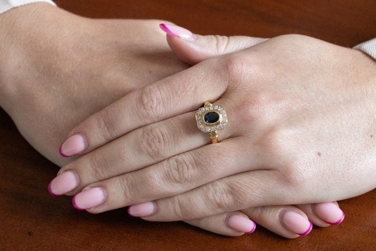 Bague 59 Bague géométrique en or jaune 18 carats avec saphir et diamants 58 Facettes 11260