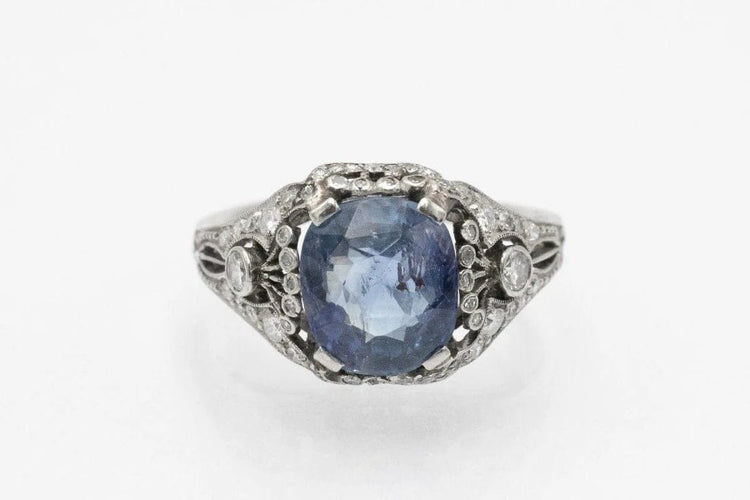 Bague 49 Art déco - Bague en platine avec saphir coussin et diamants 58 Facettes 11300