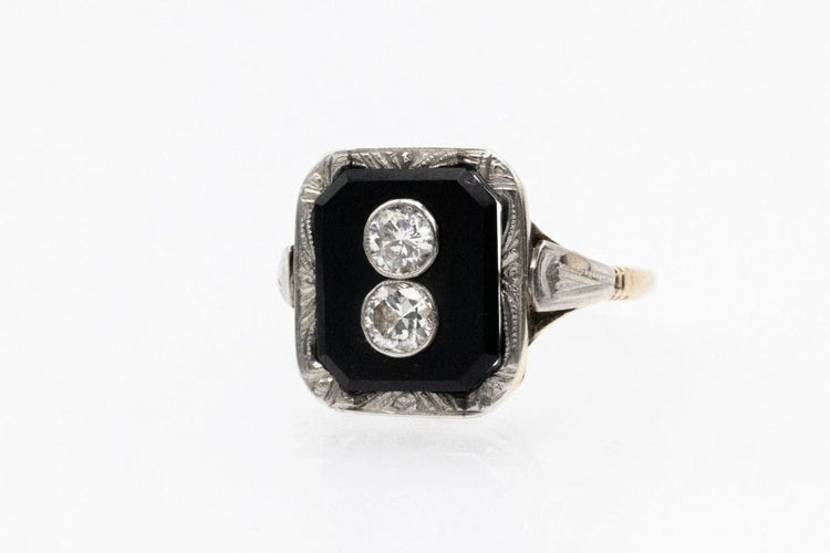 Bague 56 Art déco - Bague en or jaune et blanc, onyx et diamants 58 Facettes 11496