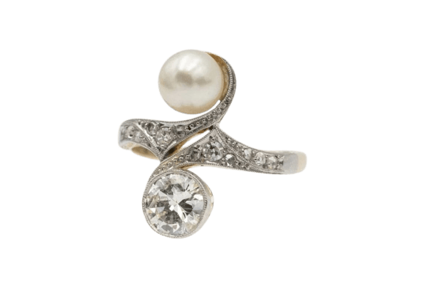 Bague 55 Bague Toi et Moi en or jaune et blanc 14 carats, diamants et perle 58 Facettes 11540