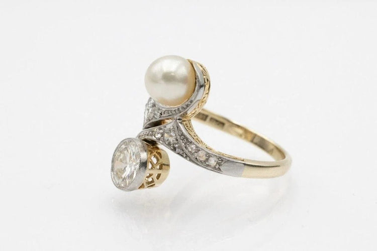 Bague 55 Bague Toi et Moi en or jaune et blanc 14 carats, diamants et perle 58 Facettes 11540