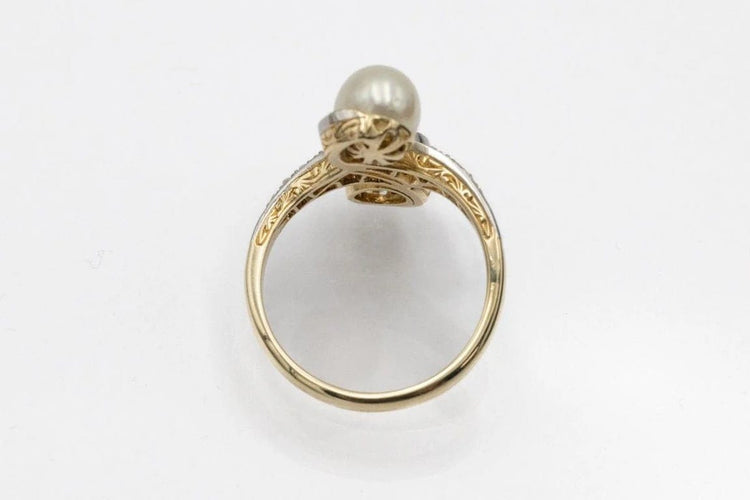 Bague 55 Bague Toi et Moi en or jaune et blanc 14 carats, diamants et perle 58 Facettes 11540