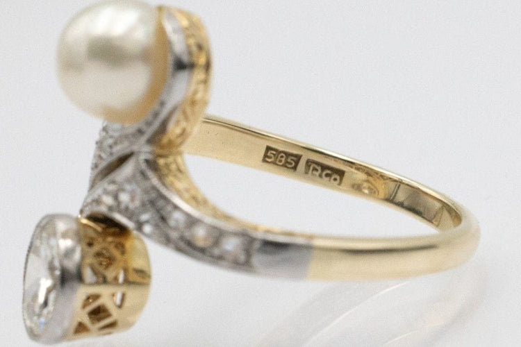 Bague 55 Bague Toi et Moi en or jaune et blanc 14 carats, diamants et perle 58 Facettes 11540