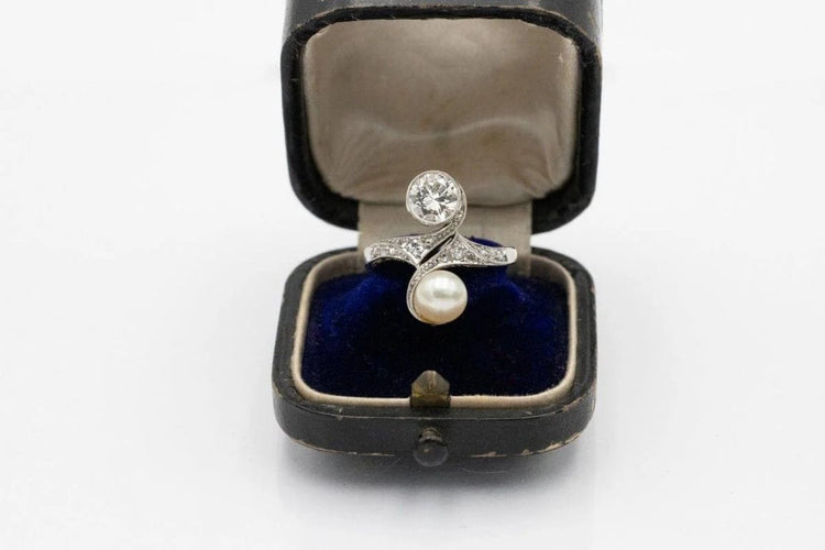 Bague 55 Bague Toi et Moi en or jaune et blanc 14 carats, diamants et perle 58 Facettes 11540
