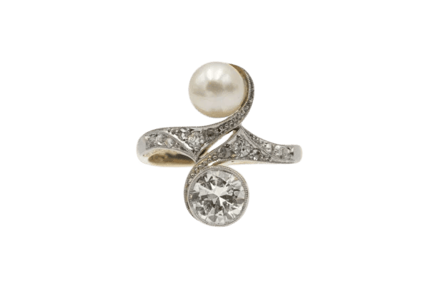 Bague 55 Bague Toi et Moi en or jaune et blanc 14 carats, diamants et perle 58 Facettes 11540