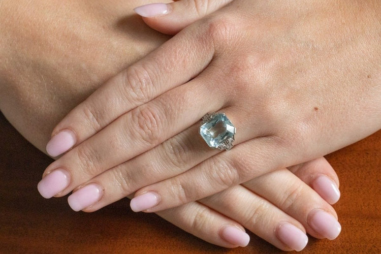 Bague 49 Art déco - Bague en platine, aigue-marine et diamants 58 Facettes 11462