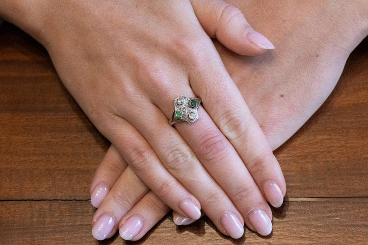 Bague 56 Art déco - Bague en or blanc et platine avec diamants et tourmalines 58 Facettes 11616