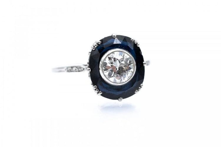 Bague 59 Art déco - Bague en platine avec diamant 0,85 ct et saphir synthétique 58 Facettes 11777