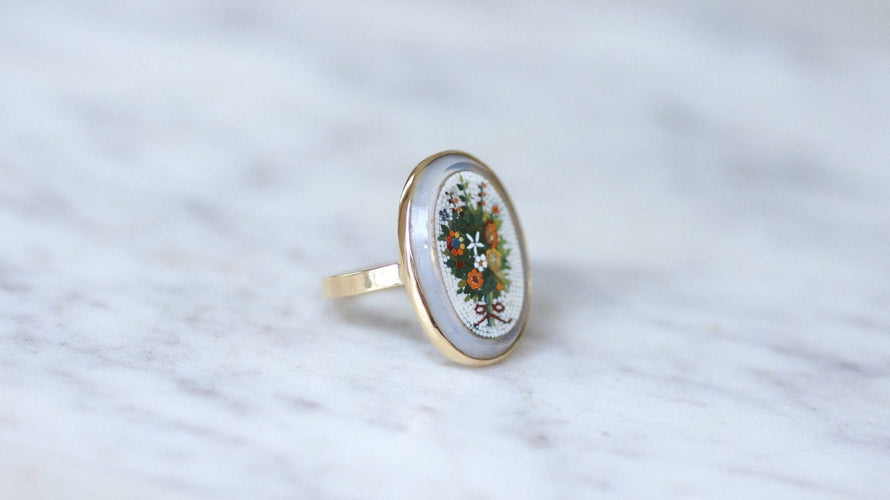 Bague 55 Bague micro-mosaïque bouquet de fleurs en or jaune 58 Facettes