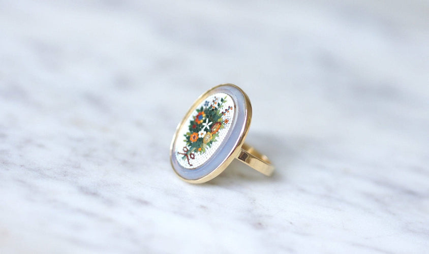 Bague 55 Bague micro-mosaïque bouquet de fleurs en or jaune 58 Facettes