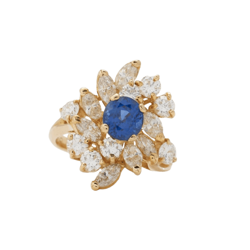 Bague 53 Bague en or jaune 750 avec saphir ovale et diamants 58 Facettes