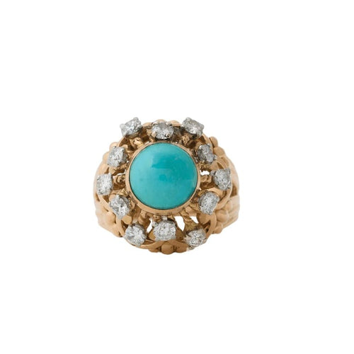 Bague 53 Bague dôme rétro en or jaune avec turquoise et diamant 58 Facettes