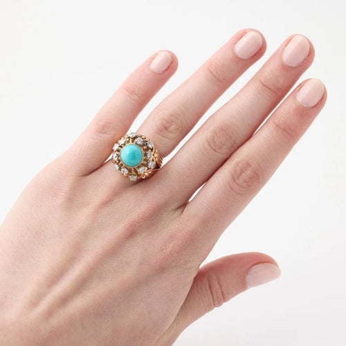 Bague 53 Bague dôme rétro en or jaune avec turquoise et diamant 58 Facettes