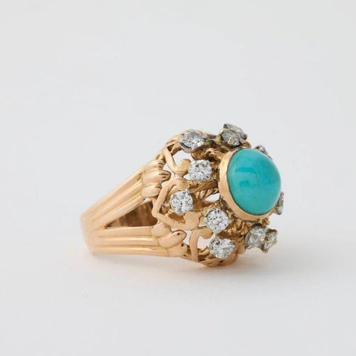 Bague 53 Bague dôme rétro en or jaune avec turquoise et diamant 58 Facettes