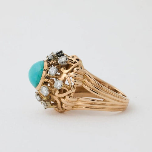 Bague 53 Bague dôme rétro en or jaune avec turquoise et diamant 58 Facettes