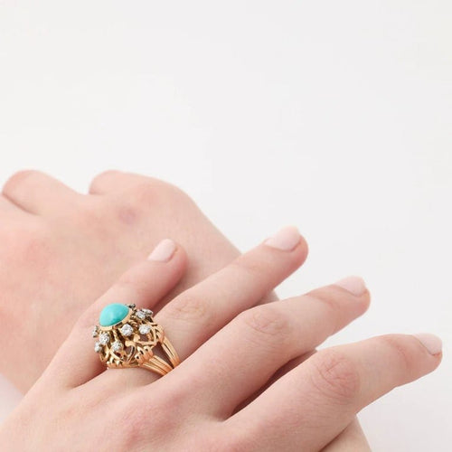 Bague 53 Bague dôme rétro en or jaune avec turquoise et diamant 58 Facettes