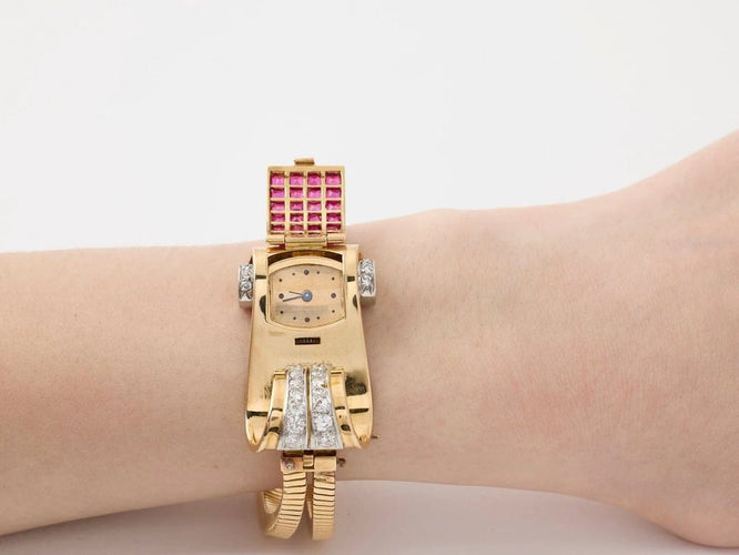 Montre Montre bracelet 1950 en or jaune et platine, diamants 58 Facettes