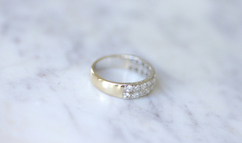 Bague 60 Art Déco - Alliance double anneau en or jaune et platine diamants 58 Facettes