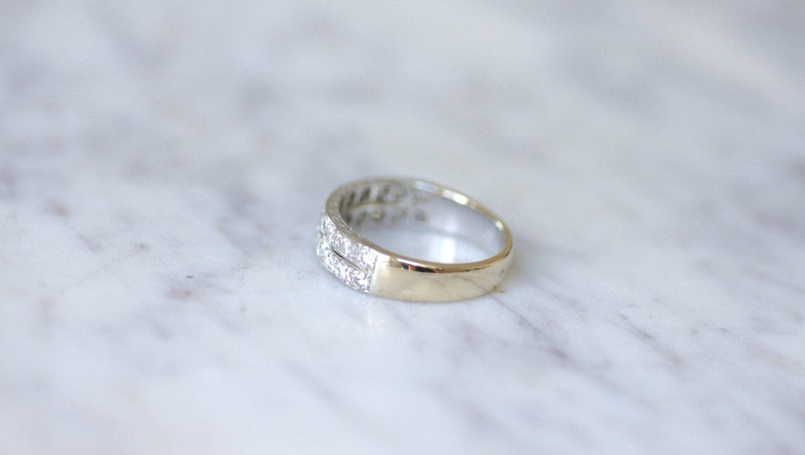Bague 60 Art Déco - Alliance double anneau en or jaune et platine diamants 58 Facettes