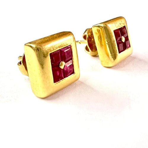 Boucles d'oreilles Boucles d’oreilles contemporaines XXe siècle en or jaune 18 k et rubis 58 Facettes Q913A