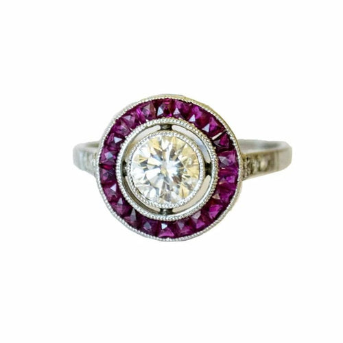 Bague 55 Bague Art déco géométrique en platine 950 avec rubis et diamants 58 Facettes A2579