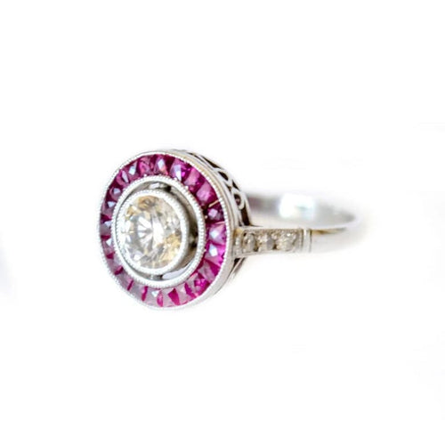 Bague 55 Bague Art déco géométrique en platine 950 avec rubis et diamants 58 Facettes A2579