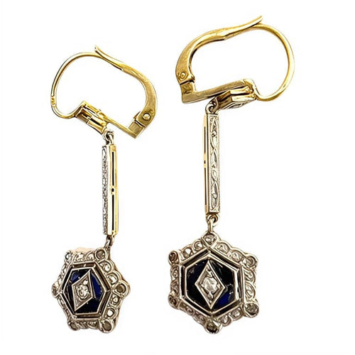 Boucles d'oreilles Boucles d'oreilles pendantes anciennes en or jaune 18 carats, diamants et saphirs 58 Facettes A2149