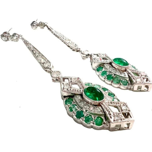 Boucles d'oreilles Boucles d’oreilles Art déco en platine 950 avec diamants et émeraudes 58 Facettes Q727A