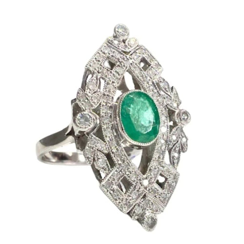 Bague 58.5 Bague navette Art déco en platine 950 ornée de diamants et d’émeraudes 58 Facettes Q892A