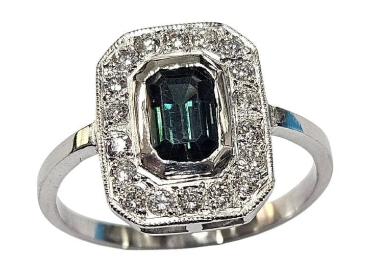 Bague 56.5 Bague Art déco en platine 950 avec saphir vert et diamants 58 Facettes Q391B