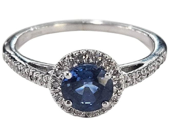 Bague 52 Bague halo en or blanc 18 carats avec saphir 0,80 ct et diamants 58 Facettes Q408B