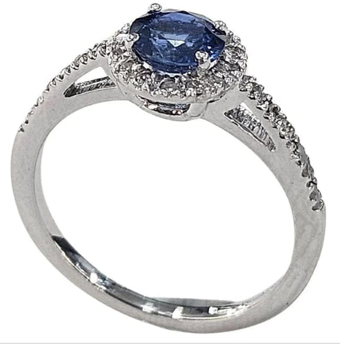 Bague 52 Bague halo en or blanc 18 carats avec saphir 0,80 ct et diamants 58 Facettes Q408B