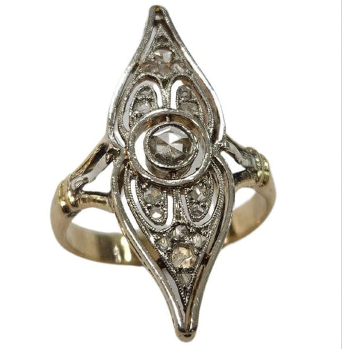 Bague 51 Bague navette Art déco en or jaune et platine, diamants 58 Facettes E43