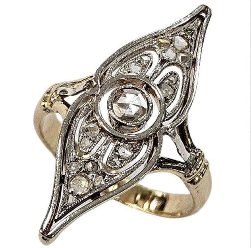 Bague 51 Bague navette Art déco en or jaune et platine, diamants 58 Facettes E43