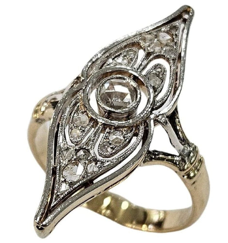 Bague 51 Bague navette Art déco en or jaune et platine, diamants 58 Facettes E43