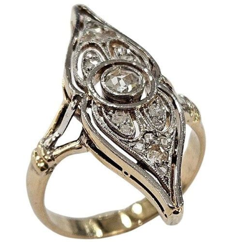 Bague 51 Bague navette Art déco en or jaune et platine, diamants 58 Facettes E43