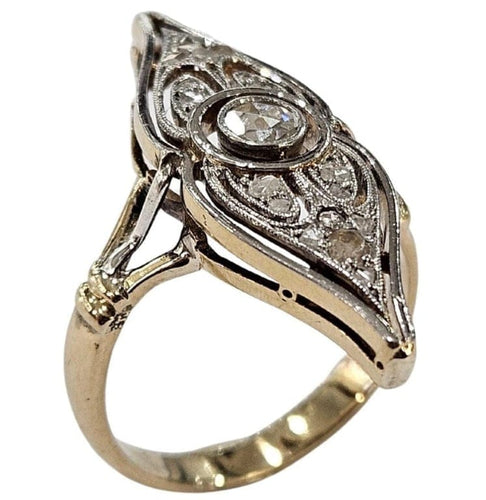 Bague 51 Bague navette Art déco en or jaune et platine, diamants 58 Facettes E43