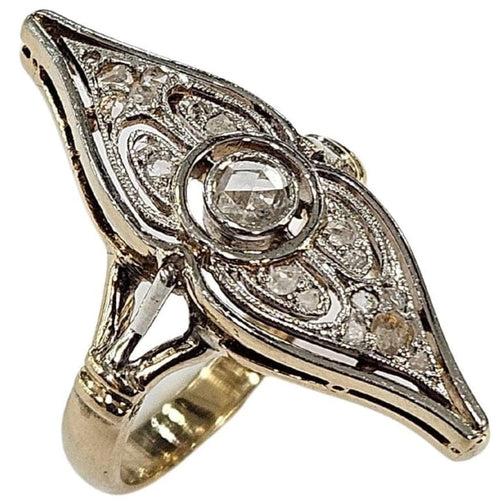 Bague 51 Bague navette Art déco en or jaune et platine, diamants 58 Facettes E43