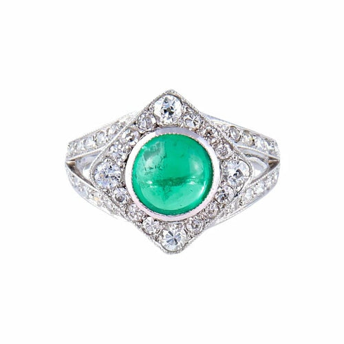 Bague 52 Bague Art déco en or blanc 18K avec émeraude cabochon et diamants 58 Facettes AB9