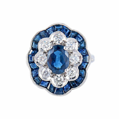 Bague 51 Bague fleur Art déco en or blanc 18K, saphirs et diamants 58 Facettes AB 214