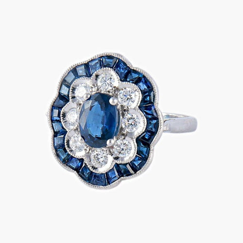 Bague 51 Bague fleur Art déco en or blanc 18K, saphirs et diamants 58 Facettes AB 214