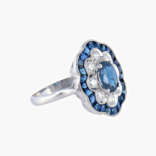 Bague 51 Bague fleur Art déco en or blanc 18K, saphirs et diamants 58 Facettes AB 214