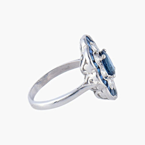 Bague 51 Bague fleur Art déco en or blanc 18K, saphirs et diamants 58 Facettes AB 214