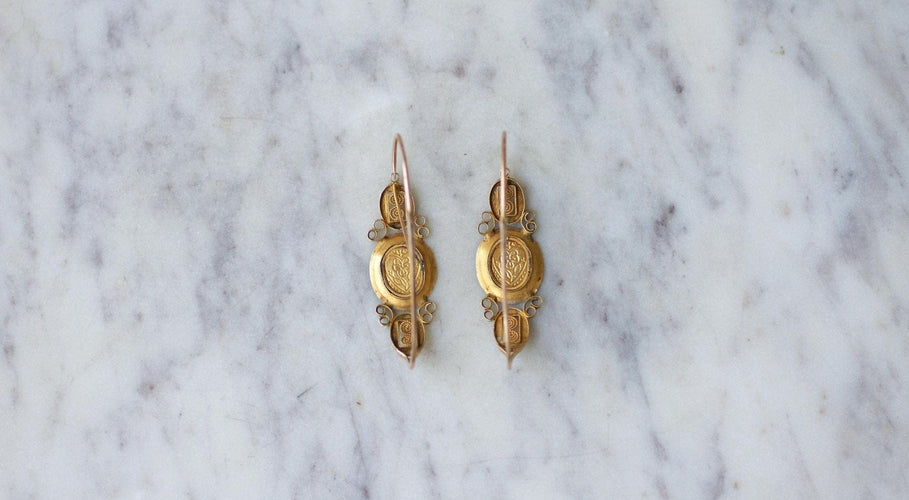 Boucles d'oreilles Poissardes anciennes - Boucles d'oreilles cœur et fleur en or rose et jaune 18 kt 58 Facettes