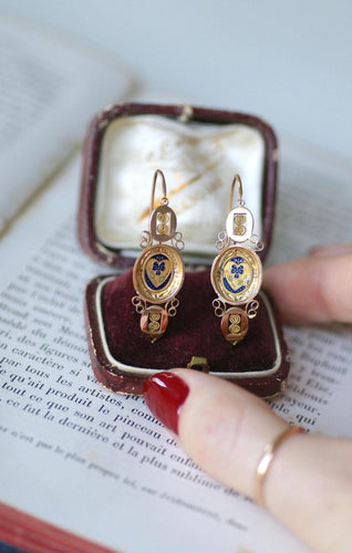 Boucles d'oreilles Poissardes anciennes - Boucles d'oreilles cœur et fleur en or rose et jaune 18 kt 58 Facettes